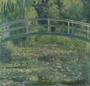 Monet painting of a Japanese bridge over a water-lily pond