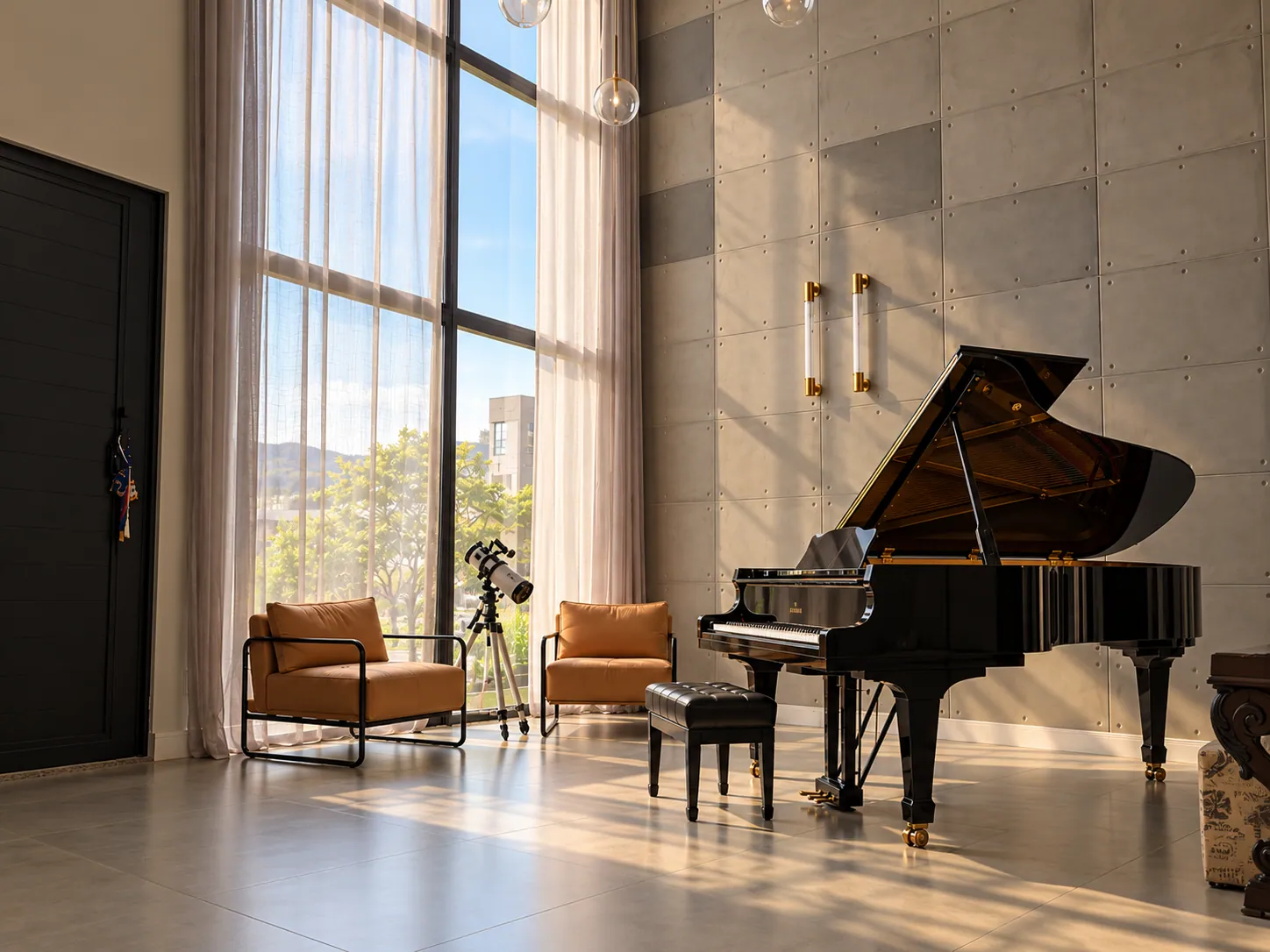 The studio in Nova Lima, with the grand piano, caramel armchairs and tall windows
